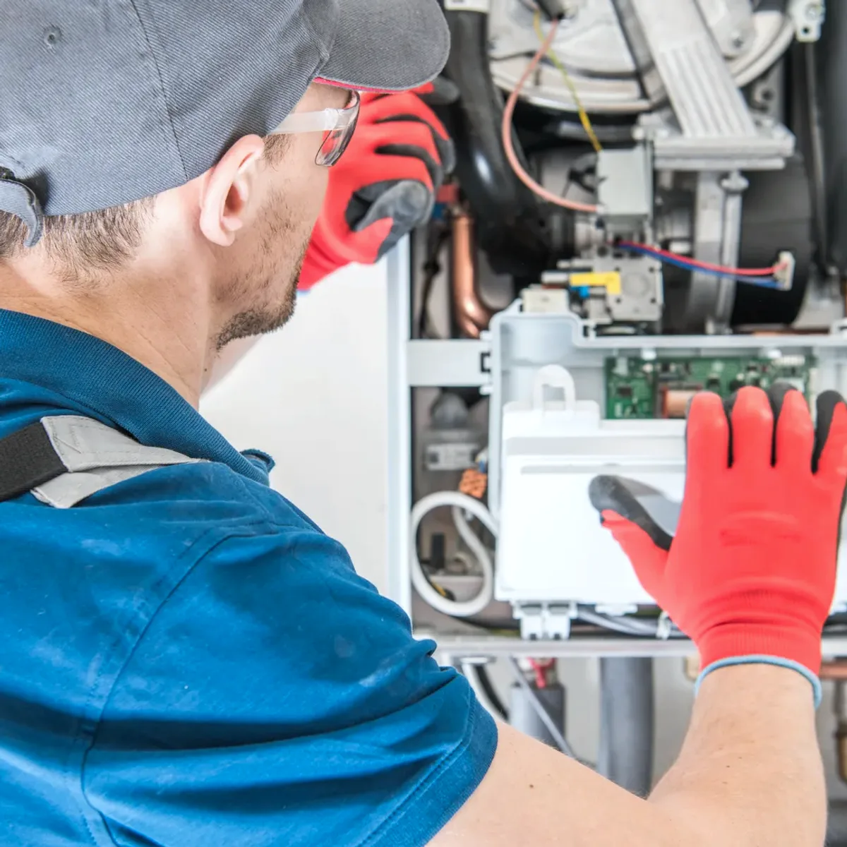 Technician in red gloves servicing a boiler's controls
