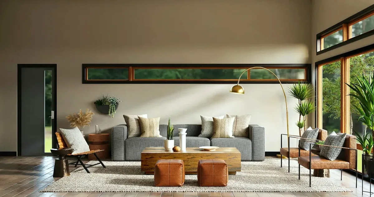 Bright living room with a grey sofa and large windows